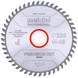 Lame de scie circulaire HW/CT 220 x 30 x 2,6/1,6, nombre de dents 48, denture creuse, angle d'attaque 10° metabo