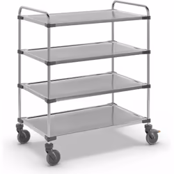 Chariot à plateaux en inox VARITHEK SERVO+, L x l x h 1070 x 670 x 1260 mm, plate-forme 1000 x 600 mm, 4 tablettes, force 160 ...