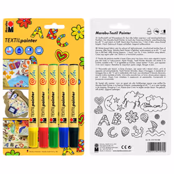 Marabu Textil Painter, assortiment de 5 blisters, 2-4 mm, Noir, Bleu, Vert, Rouge, Jaune, Multicolore, 5 couleurs, Rond, 4 mm ...