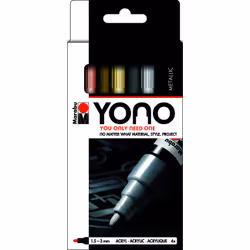 Marabu YONO Marker set METAL, Noir, Or, Rose, Argent, Multicolore, 4 couleurs, Toile, Tissu, Métal, Porcelaine, pierre, Bois, ...