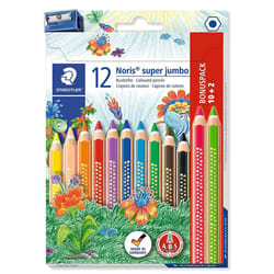 STAEDTLER Crayons de couleur Super Jumbo Noris pour enfants - Lot de 12 crayons avec 1 taille-crayon pour arts plastiques