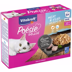 Vitakraft Poésie Délice, Poisson, Porc, Volaille, Saumon, Dinde, 85 g, Sans grain