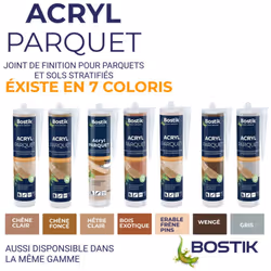 Séchage rapide Facile à poncer Compatible tous vernis Existe en 7 coloris Le mastic Acryl Parquet de Bostik est un mastic acr ...