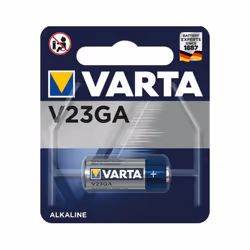 Pile alcaline Varta V 23 GA, MN21 : Tension de 12V Capacité en Mah : 52 Mah Dimensions : diamètre mm.10,3, hauteur mm.28,5 Ma ...