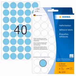 HERMA Étiquettes/pastilles de couleur Ø 19 mm rondes, bleues, papier mat, support perforé, 1280 pcs, Bleu, Cercle, Cellulose, ...
