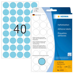 HERMA Étiquettes/pastilles de couleur Ø 19 mm rondes, bleues, papier mat, support perforé, 1280 pcs