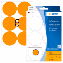 HERMA Étiquettes/pastilles de couleur Ø 50 mm, rond, oranges fluo, papier mat, inscription à main, 144 pcs, Orange, Cercle, C ...