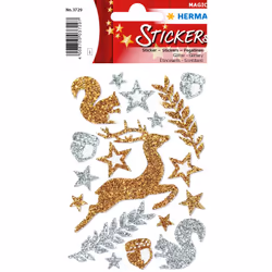 HERMA Stickers Animaux de la forêt, scintillant, mousse, Or, Argent, Motif animal, Permanent, Christmas, Noël