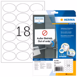 HERMA Étiquettes amovibles A4 63.5x42.3 mm ovales, blanches, Movables/amovibles, papier mat, 450 pcs, Blanc, Imprimante d'éti ...