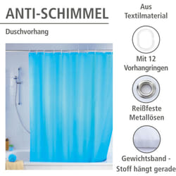 Rideau de douche anti moisissure Wenko Lavable en machine, Antibactérien, hydrofuge, Œillets métal, Bas de rideau lesté, Polyester, 180x200 cm, Bleu