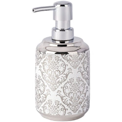 Wenko - Distributeur Savon Liquide, Barock, Capacité 400 ml, céramique avec impression ornement argenté, 8x16,5x9 cm, Blanc