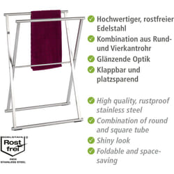 Wenko - Porte serviette Salle de bain sur pied, Lava, repliable, acier inox, 53,5x80,5x35 cm, brillant