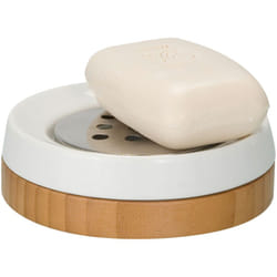 Wenko - Porte savon céramique, Porte Savon Bamboo, Céramique - Bambou, ø 12,1x3,7 cm, Marron - Blanc