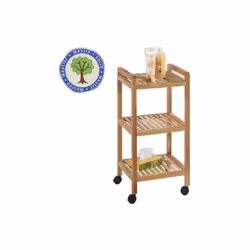 • Desserte salle de bain avec 3 tablettes de rangement • Mobile grâce à quatre roulettes à marche souple • En bois de noyer a ...