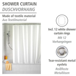 Rideau de douche blanc Uni, rideau de douche 180x200 cm, lavable en machine et waterproof, 12 anneaux rideau de douche en plastique blanc inclus,