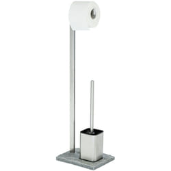 Wenko - Combiné wc 2en1 Granit Brosse wc à tête remplaçable et dérouleur papier, Acier inox et poly résine effet pierre, 23x73,5x19,5cm, Chromé et