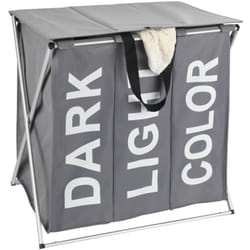 Panier à linge 3 compartiments Trio Top, panier linge sale avec compartiment, Inscription design, capacité 118L, Polyester - Alu, 57x57x38 cm, gris
