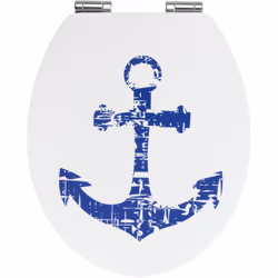Le robuste abattant WC Shore en MDF a un couvercle de forme ovale classique. Le design maritime avec l'inhabituel motif d'anc ...