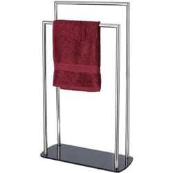 WENKO Porte Serviette sur pied RAVINA Sèche Serviettes Salle de Bain 2 Barres en Acier Inox et Socle en Verre Noir 48x80x20cm