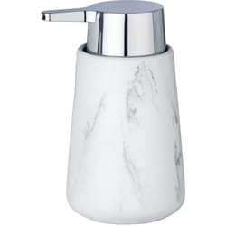 Wenko - Distributeur Savon Liquide Adrada, Capacité 330 ml, céramique aspect marbre, 10,5x15x8,5 cm, blanc - gris