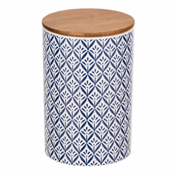 WENKO 54096100, Boîte de rangement, Bleu, Blanc, Bois, Rond, Bambou, Vitrocéramique, Silicone, Motif, Bois