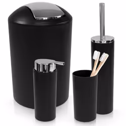 WENKO Ensemble Accessoires Salle de Bain CALVO Distributeur de Savon Liquide Porte Brosse à Dents Brosse WC Poubelle 65L Noir