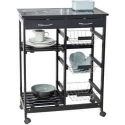 Desserte sur Roulettes' Bon Appétit' Wenko 2 étagères, 3 paniers, 2 tiroirs, Plateau verre, Charge 40kg, Métal et mdf, 67x86,5x35cm, Noir et Blanc