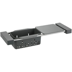 Wenko - Organiseur évier 3en1 : Panier de rangement, Passoire et Planche à découper extensible, Cami, acier inox - plastique, 43,5-77,5x8x14 cm, gris