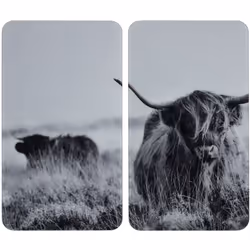 Le set de 2 protège-plaques en verre Highland-Cattle, par son motif de bovin populaire en teintes de gris tranquilles, apport ...