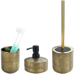Wenko - Set accessoires salle de bain Rivara 3 pièces Composé d'un gobelet, distributeur de savon et brosse wc en céramique structurée or brillant