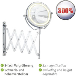 WENKO Miroir maquillage LED mural avec bras télescopique Brolo, miroir grossissant x3, Ø 15 cm, Acier, 18,5x38,5x45 cm, chromé