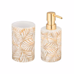 WENKO Set Accessoires Salle de Bain TERRALBA  Distributeur de Savon 490mL Pot Brosse à Dents  Polyrésine  Blanc/Or Motif