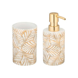 WENKO Set Accessoires Salle de Bain TERRALBA  Distributeur de Savon 490mL Pot Brosse à Dents  Polyrésine  Blanc/Or Motif