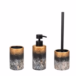 WENKO Set Accessoires Salle de Bain en Béton LACONA  Distributeur Savon 100mL + Gobelet + Brosse WC  Gris / Or Effet vagues