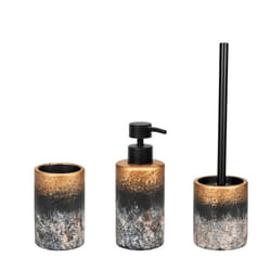 WENKO Set Accessoires Salle de Bain en Béton LACONA  Distributeur Savon 100mL + Gobelet + Brosse WC  Gris / Or Effet vagues