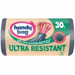 Lot de 15 sacs poubelle - HANDY BAG - Poignées coulissantes - Ultra résistant - 30L
