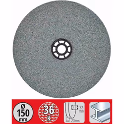 Diamètre : 150 mm Largeur : 20 mm Alésage central : 32 mm Gros grains N60 est idéal pour métal. Avec 4 éléments liaison Ø 25/ ...