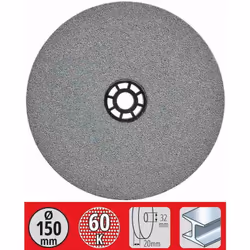Diamètre : 150 mm Largeur : 20 mm Alésage central : 32 mm Gros grains N60 est idéal pour métal. Avec 4 éléments liaison Ø 25/ ...