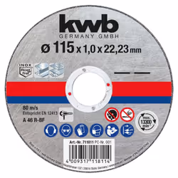 KWB 711811 DISQUE À TRONÇONNER DROIT EN ACIER 115 MM Poids : 16000 grammes Largeur : 8 centimètres Hauteur : 4 centimètres Lo ...