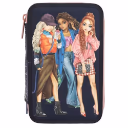 Trousse de crayons - TOP MODEL - City Girls - 3 compartiments - Noir - Remplie avec accessoires