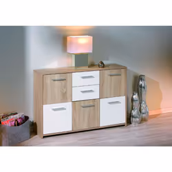 Buffet avec cinq portes et deux tiroirs dans la partie centrale, couleur blanc et chêne, Dimensions 115 x 77 x 30 cm