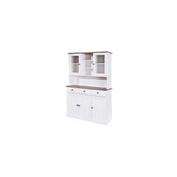 Buffet avec trois portes et trois tiroirs avec vitrine supérieure, blanc avec détails marron, 131 x 181 x 45 cm