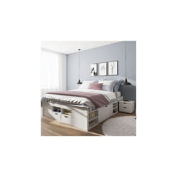 Lit double avec rangements et table de chevet inclus avec roulettes, coloris blanc, 186,5 x 47,5 x 209 cm