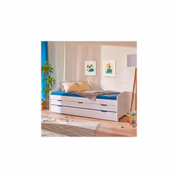 Lit simple avec lit gigogne inférieur et trois tiroirs, blanc, 98 x 63 x 195 cm