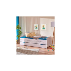 Lit simple avec lit gigogne inférieur et trois tiroirs, blanc, 98 x 63 x 195 cm