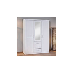 Armoire deux portes et trois tiroirs en verre et bois massif peint à l'eau, coloris blanc, 140 x 190 x 55 cm.