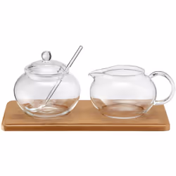 Zucker-/Sahne Set Glas mit Bambustablett Hauteur 9 cm Mélange de matériaux Glas / Bambus Largeur 10 cm Longueur 22 cm Convien ...