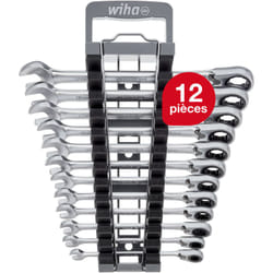 Wiha - Jeu de clé à fourche à cliquet 12 pièces commutable avec étuis i Jeu de clés à cliquet 8-19 mm i Jeu de clé mixte avec cliquet, 44661