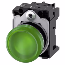 Voyant/bouton lumineux vert Siemens avec les caractéristiques suivantes : Tension d'alimentation de la source lumineuse en co ...