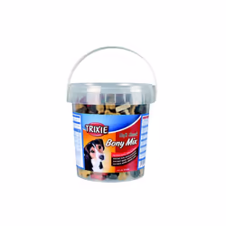 Friandises cuisinées Bony Mix pour chien, au Poulet, jambon, et bœuf. En seau plastique refermable pour une parfaite conserva ...